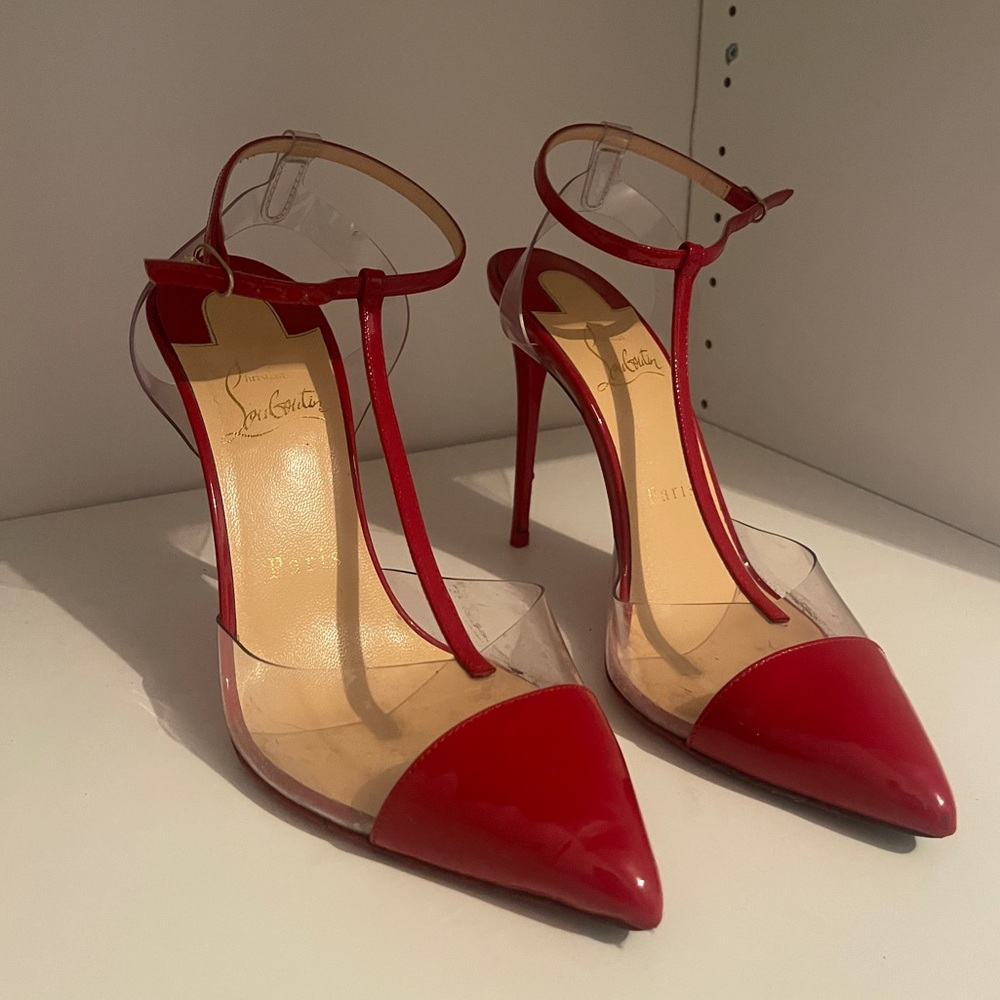 Red Patent Louboutin T-Strap Pumps
